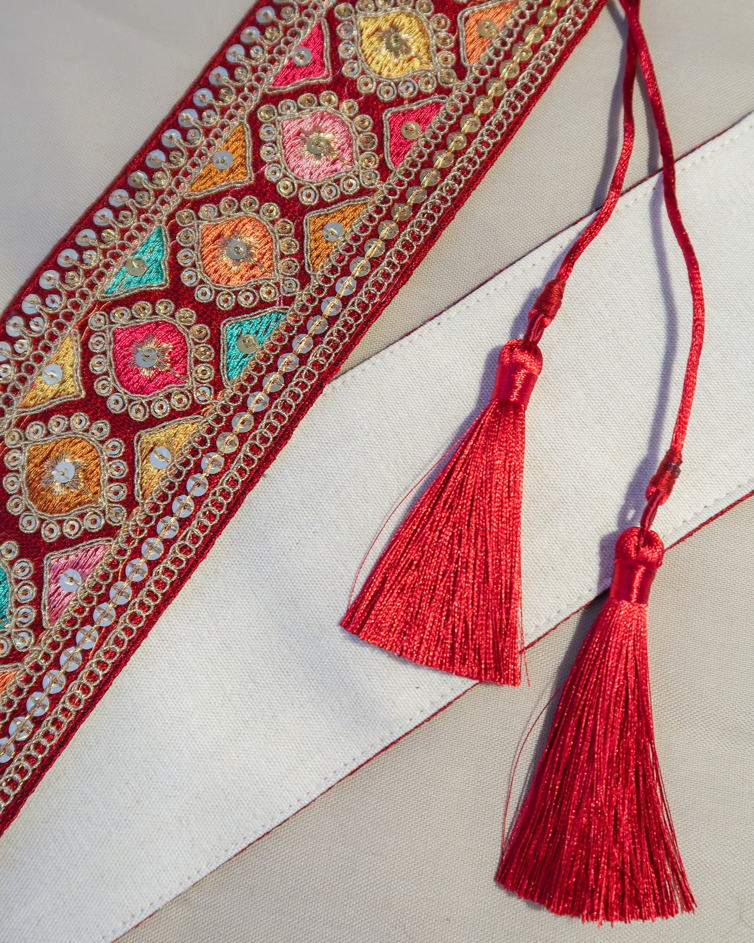 Red Embroidered Obi Belt: Handmade Boho Tassel Belt - Etsy