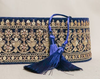 Velvet blue belt | Embroidered obi belt | Unique accessories for woman | Boho Festival wear | Gift ideas