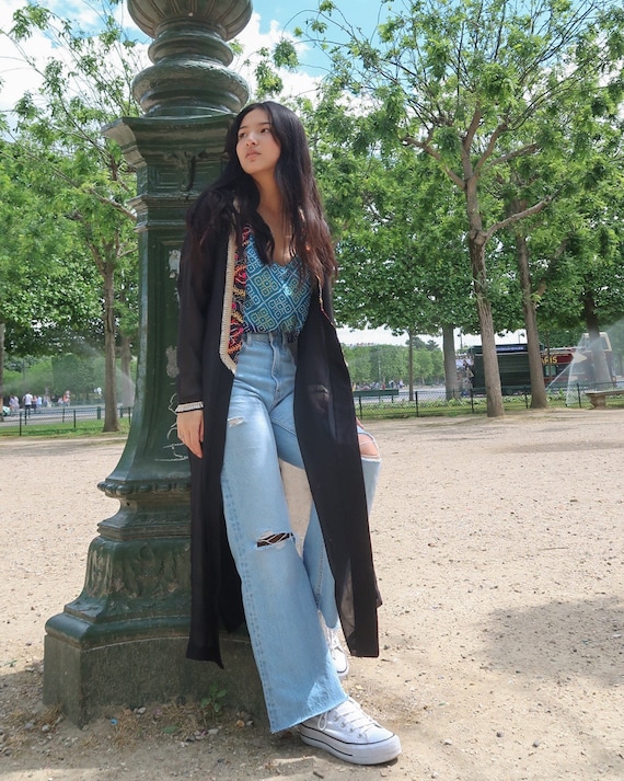 Sheer Bohemian Embroidered Long Duster With Side Slits Handmade Festival Clothing Etsy