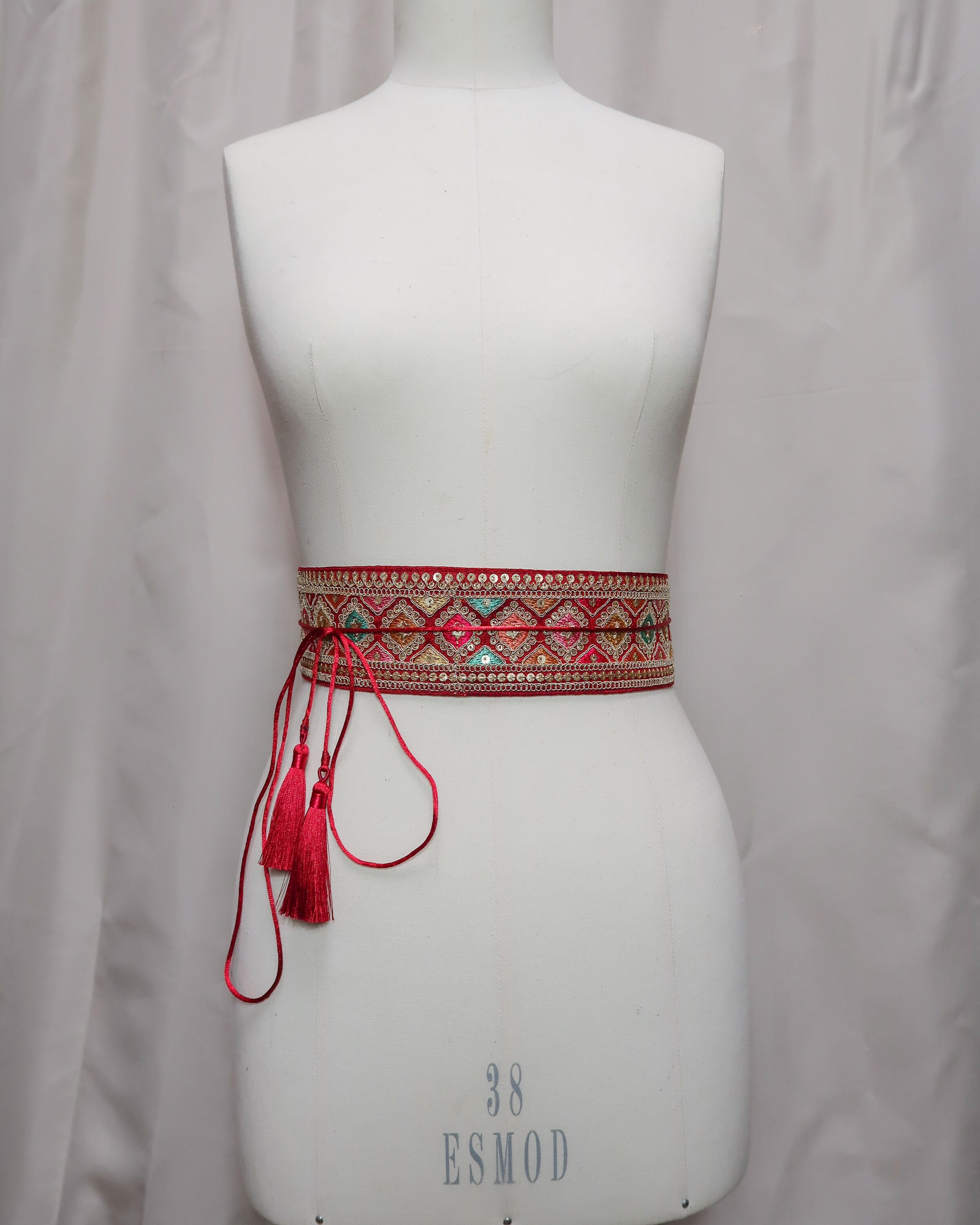 Boho fabric wool embroidered 2 belts tassels Tulips Wide Embroidered Belt – Artesana Love main image 2