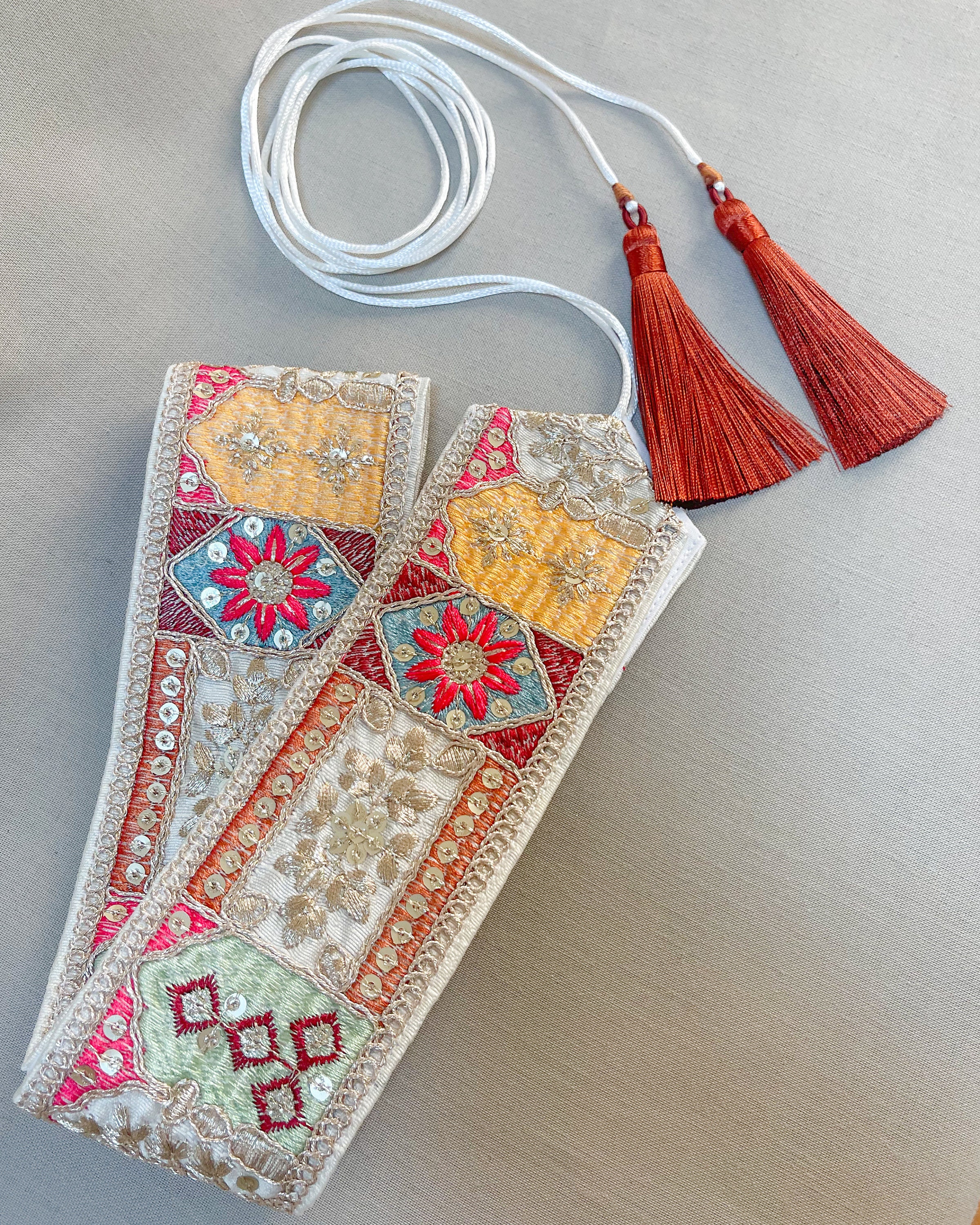 Off White and Burnt Orange Embroidered Obi Belt | Unique  display picture 3