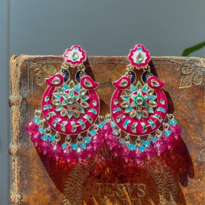 Hand-Painted Pink Boho Statement Earrings with Floral Enamel | Bold Beaded Dangle Earrings for Gifting