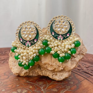 Boho Enamel Moon Dangle Earrings: Green Pearls, Hypoallergenic Jewelry