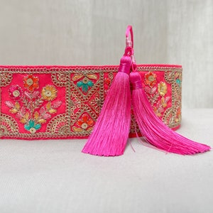 Pink Embroidered Obi Belt: Handmade Boho Waistband with Tassels
