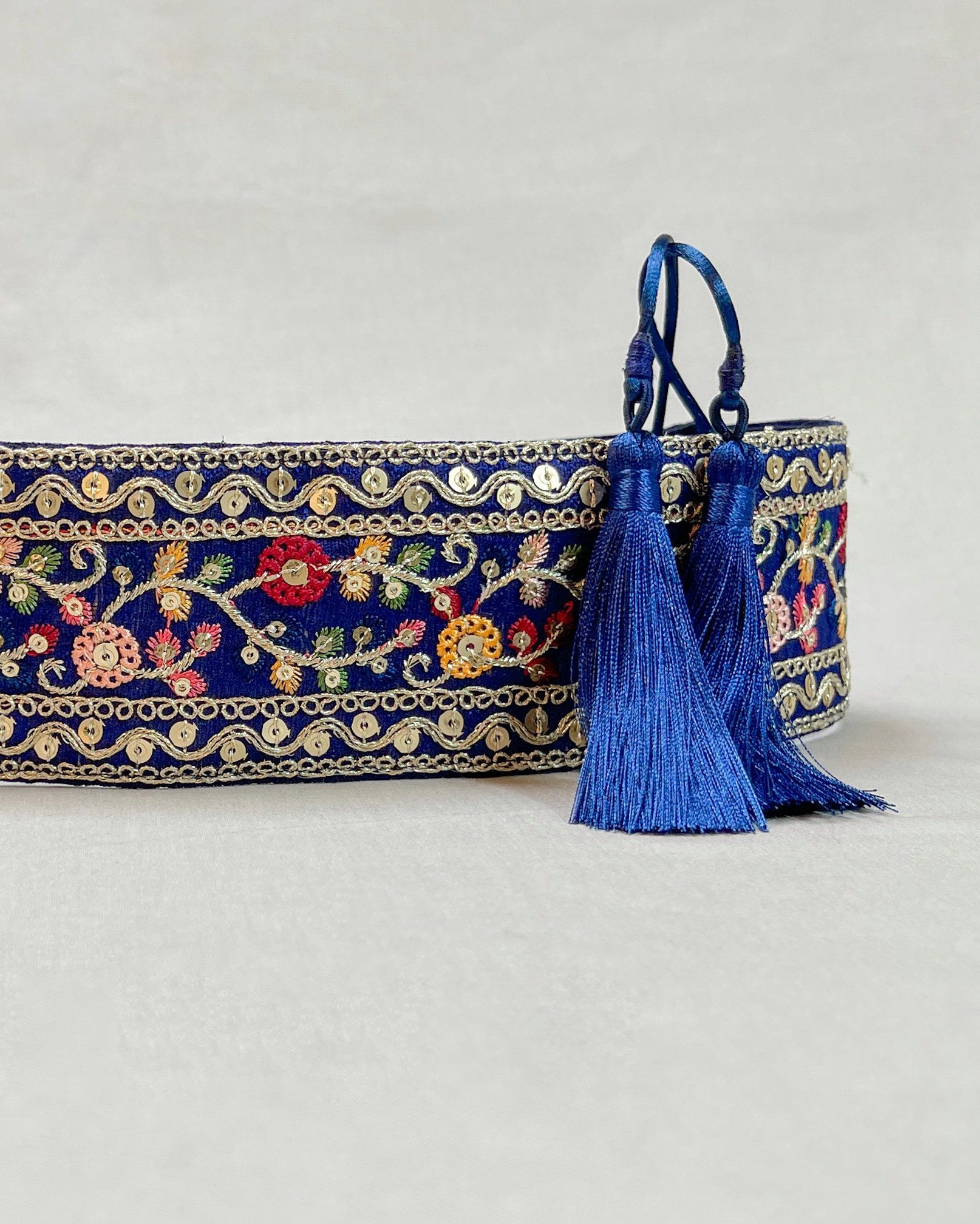 Boho Embroidered Wide Waist Tie Belt w/ Tassels | Geometric Folk Artisan | 25” Boho Braided Belts - Etsy main image 4