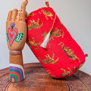 Handgefertigte gesteppte Baumwoll-Reise-Make-up-Tasche - Boho-Chic-Make-up-Tasche mit wasserdichtem Futter