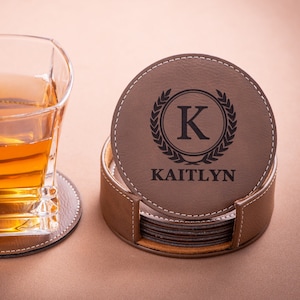 Personalized Leather Coasters Set of 6, Custom Coasters with Holder, Home Bar Drink Coasters, Wedding Party Gifts, Housewarming Gifts