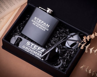 Gepersonaliseerde Groomsmen Gifts, Best Man Gift, Groom Gift, Fathers Day Gift, Custom Flask, Sunglass, Bottler Opener in Groomsman Gift Box