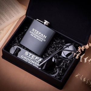 Personalisierte Trauzeugen Geschenke, Trauzeuge Geschenk, Bräutigam Geschenk, Vatertagsgeschenk, benutzerdefinierte Flasche, Sonnenbrille, Flaschenöffner in Groomsman Geschenkbox