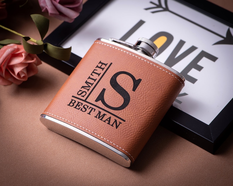 Personalized Flask for Men, Custom Groom Flask Gifts, Groomsmen Flasks, Groomsmen Gifts, Best Man Gift, Mens Gift, Dad Gift, Boyfriend Gift Yellow Brown
