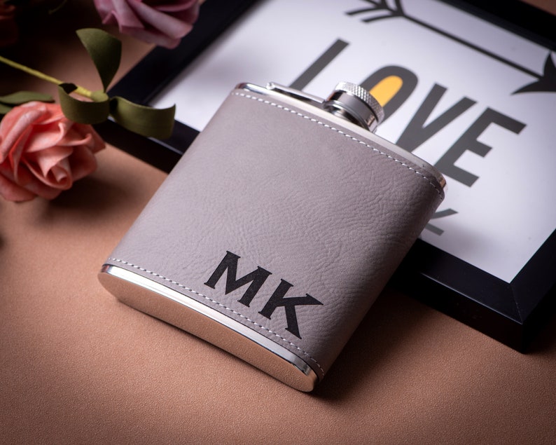 Personalized Flask Gift for Men, Groomsmen Gifts, Best Man Gift, Dad Gifts, Boyfriend Gift, Wedding Gift for Groomsman, Bachelor Party Gifts Light Gray