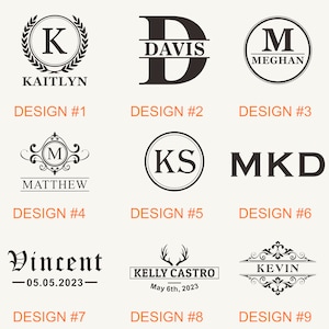 May include: Nine different designs for personalized monogrammed gifts. The designs feature various fonts, styles, and layouts, including a wreath, a split monogram, and a circle monogram. The designs are perfect for adding a personal touch to gifts for any occasion.
