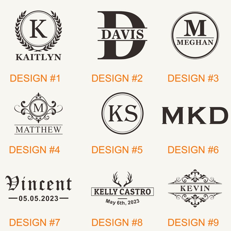 May include: Nine different designs for personalized monogrammed gifts. The designs feature various fonts, styles, and layouts, including a wreath, a split monogram, and a circle monogram. The designs are perfect for adding a personal touch to gifts for any occasion.