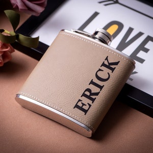 Personalized Flask Gift for Men, Groomsmen Gifts, Best Man Gift, Dad Gifts, Boyfriend Gift, Wedding Gift for Groomsman, Bachelor Party Gifts Light Brown