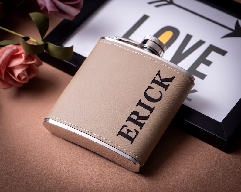 Personalized Flask Gift for Men, Groomsmen Gifts, Best Man Gift, Dad Gifts, Boyfriend Gift, Wedding Gift for Groomsman, Bachelor Party Gifts Light Brown