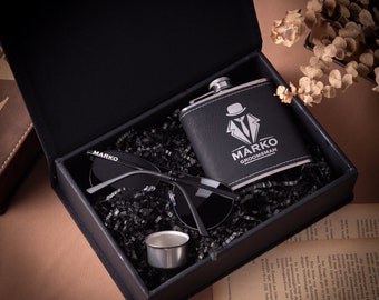 Personalized Groomsmen Proposal Gifts, Flask and Sunglass in Groomsman Gift Box, Best Man Gift, Bachelor Party Gifts for Men, Wedding Gifts