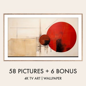 Peut inclure: Impression d'art abstrait avec un cercle rouge et un cercle brun plus petit sur un fond beige avec des lignes noires. L'impression est encadrée dans un cadre en bois clair. 58 IMAGES + 6 BONUS 4K TV ART | PAPIER PEINT