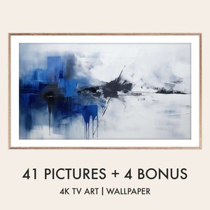 Peut inclure: Peinture abstraite dans les tons de bleu, noir et blanc avec un cadre en bois. La peinture est intitulée "41 Pictures + 4 Bonus 4K TV Art | Wallpaper".