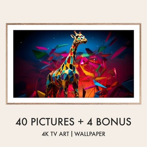 Peut inclure: Impression numérique encadrée d'une girafe géométrique sur fond abstrait coloré. La girafe est composée de formes colorées. Le texte en bas indique "40 PICTURES + 4 BONUS" et "4K TV ART | WALLPAPER".