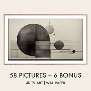Peut inclure: Impression d'art géométrique abstrait avec des cercles noirs et des lignes sur un fond beige. L'impression est encadrée dans un cadre en bois clair. 58 Images + 6 Bonus 4K TV Art | Papier peint