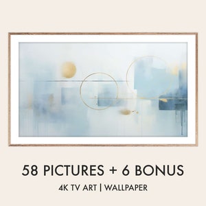 Peut inclure: Impression d'art abstrait dans un schéma de couleurs bleu clair et or avec des formes géométriques et des cercles. L'impression est encadrée dans un cadre en bois clair. 58 Images + 6 Bonus 4K TV Art | Papier peint