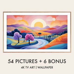 Peut inclure: Une impression d'art numérique encadrée représentant un paysage vibrant avec des collines, une rivière sinueuse et des arbres stylisés. L'œuvre présente un coucher de soleil coloré avec des nuances d'orange, de violet et de bleu. Le texte en bas indique "54 PICTURES + 6 BONUS" et "4K TV ART | WALLPAPER".