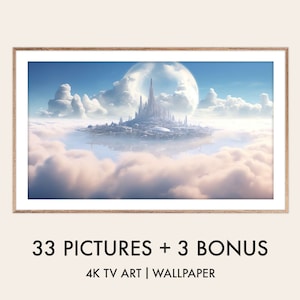 Peut inclure: Une illustration numérique d'une ville blanche flottant dans les nuages avec une grande lune dans le ciel. L'image est encadrée dans un cadre en bois. 33 Images + 3 Bonus 4K TV Art | Papier peint