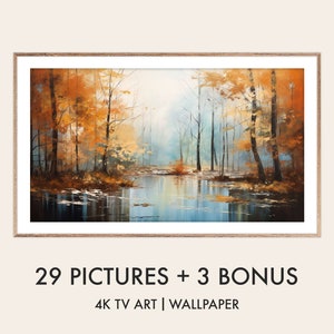 Peut inclure: Peinture de paysage encadrée représentant une forêt d'automne avec un plan d'eau réfléchissant. L'œuvre présente des arbres aux feuillages orange et jaune, avec un fond brumeux bleu. Le texte en bas indique "29 PICTURES + 3 BONUS" et "4K TV ART | WALLPAPER".