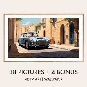 Peut inclure: Une voiture classique bleue roule dans une rue étroite d'une ville européenne. La voiture est une Aston Martin DB5 vintage. La rue est bordée de bâtiments en pierre et a une porte bleue sur le côté droit de l'image. L'image est une illustration numérique.