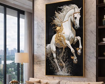 すぐに掛けられる強化ガラス製ウォールアート。白い馬の絵。クリスタル