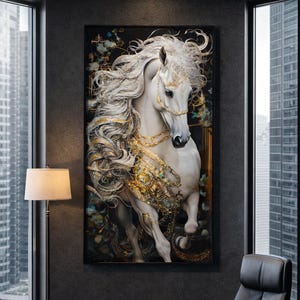輸入雑貨　絵画　強化ガラス　硝子アート　『白馬』　特大ガラスアート　200cm越 すぐに掛けられる強化ガラス製ウォールアート。白い馬の絵。クリスタル