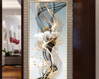 Large Wall Art Nordic Deer Painting Gold Elk Style Luxury Tempered Glass Animal 3D Orange Picture Style Artwork Framed Decor Modern Bed Room