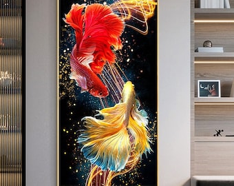 Golden Red Fish Tempered Glass Wall Art, Lucky Fish Framed Nature Painting, Modern Bedroom Decor, Crystal Porcelain