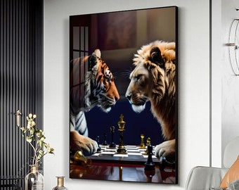 Tiger Lion Chess Wall Art, Handmade Crystal Porcelain Animal Kingdom Framed Luxury Decor