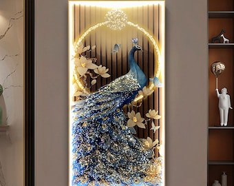 Wall Decor LED Luxury Peacock Unique Picture Painting Resin Painting Tempered Glass Wall Art Decor Wall Hangings Painting Crystal Porcelain