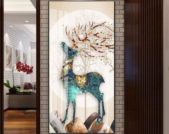 Nordic Deer Tempered Glass Wall Art, Handmade Crystal Porcelain Painting, Luxury Framed Living Room Bedroom Decor