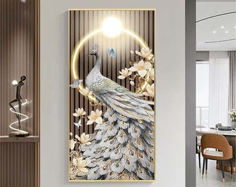 Peacock Wall Art Wall Decor Resin Tempered Glass LED Gray Peacock Unique Picture Painting Wall Art Decor Wall Hangings Crystal Porcelain