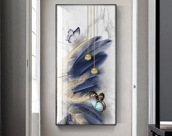 Butterfly Feather Glass Wall Art, Handmade Crystal Porcelain Painting, Luxury Nordic Framed Living Room Decor