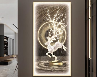 Framed Glass Wall Decor LED Luxury Wall Art Cool Deer Elk Art Picture Style Classic Art Unique Painting Tempered Glass Crystal Porcelain