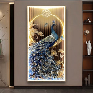 Wall Decor LED Luxury Peacock Unique Picture Painting Resin Painting Tempered Glass Wall Art Decor Wall Hangings Painting Crystal Porcelain