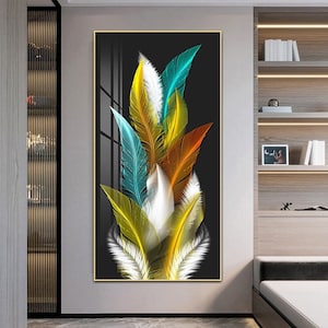 Framed Glass Wall ArtNordic Colorful Style Luxury Modern Home  Feather  Decor Wall Hangings Art Painting Living Room Crystal Porcelain