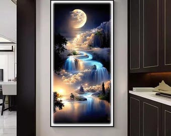Moonlit Waterfall Tempered Glass Wall Art, Crystal Porcelain Celestial River Landscape, Luxury Blue Gold LED Decor
