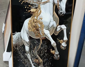 すぐに掛けられる強化ガラス製ウォールアート。白い馬の絵。クリスタル