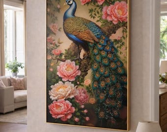 孔雀のクリスタル磁器製ウォールアート、額装された花柄動物画