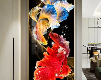 Large LED Wall Decor Lucky Fish Luxury Unique Picture Painting Resin Painting Tempered Glass Wall Art Decor Wall Hangings Crystal Porcelain