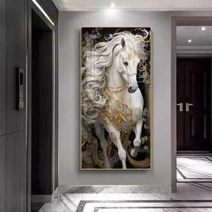 すぐに掛けられる強化ガラス製ウォールアート。白い馬の絵。クリスタル
