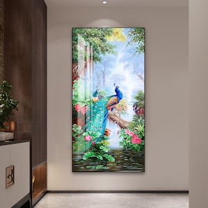 Large Blue Peacock Framed Glass Nature Landscape Wall Art Animal Paintings Large Home Decor Wall Art Painting Living Room Crystal Porcelain