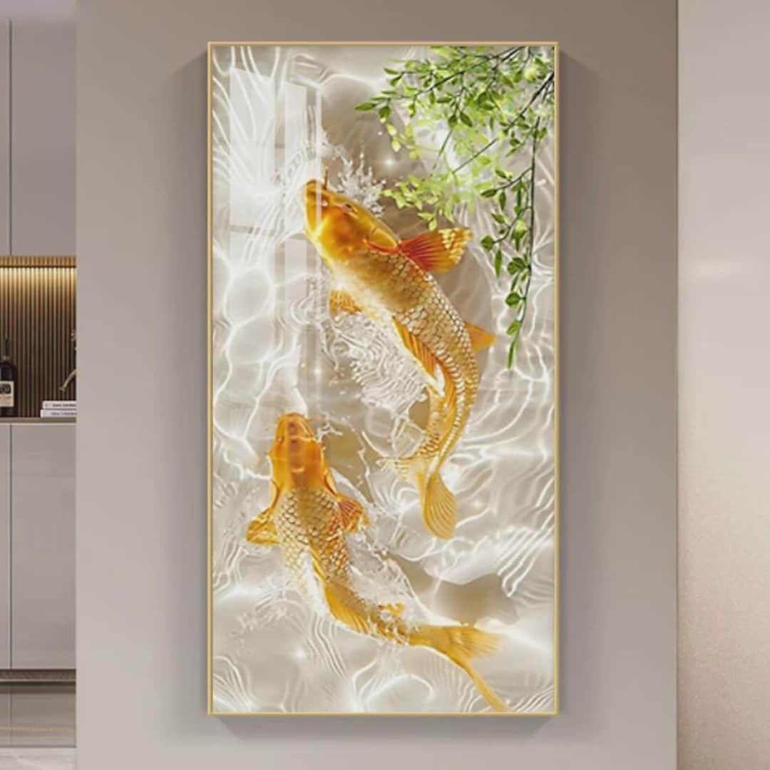 Golden Koi Fish Crystal Porcelain Wall Art, Modern Asian Lucky Fish ...
