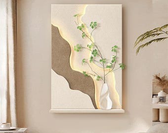 Handmade Sandstone LED Wall Art, Crystal Porcelain 3D Vase & Plant Panel, Modern Luxury Decor 50x100cm