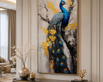 Luxury Peacock Glass Wall Art, Crystal Wall Decor, Blue Peacock Gold Framed Artwork, Modern Living Room Decor, Elegant Home Accent